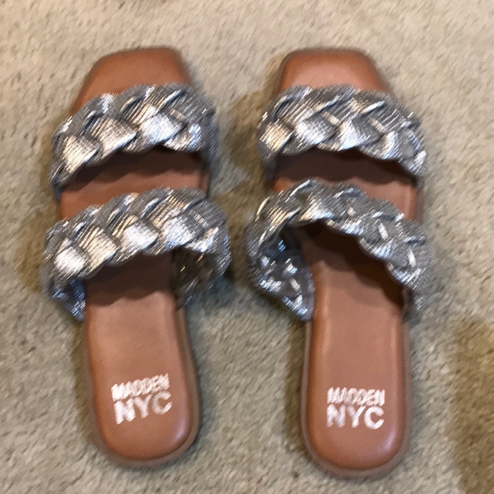 MADDEN NYC Women’s Silver Rhinestone Braided Slip On Sandals-Size 7